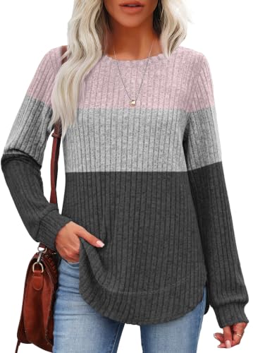 OFEEFAN Womens Sweaters Crew Neck Tunic Tops Long Sleeve Shirts Curved Hem - color: Pink Grey, size: X-Large