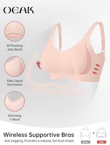 OEAK Women Jelly Bra Wireless Anti Sagging Full Coverage Bras - color: Nude, size: Large