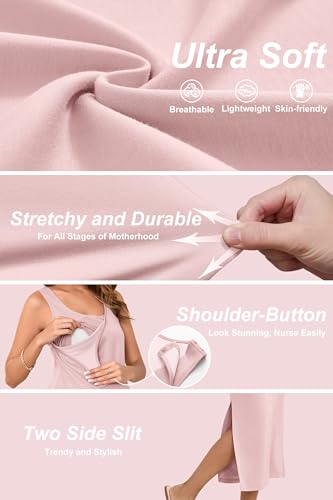 OUGES Womens 2026 Summer Maternity Nursing Dress Split Midi Sleeveless Breastfeeding Dress Scoop Neck Pregnancy Clothes - color: Pink, size: Medium