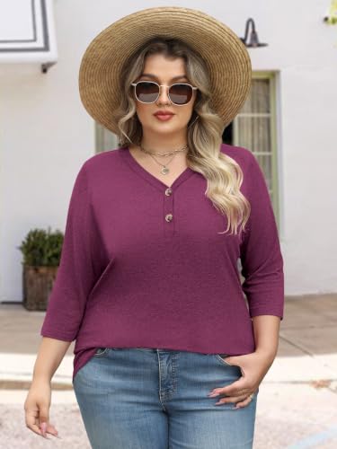 Womens Summer Plus Size 3/4 Length Sleeve Tops Button Down Shirts L-4XL - color: Red, size: 3X-Large