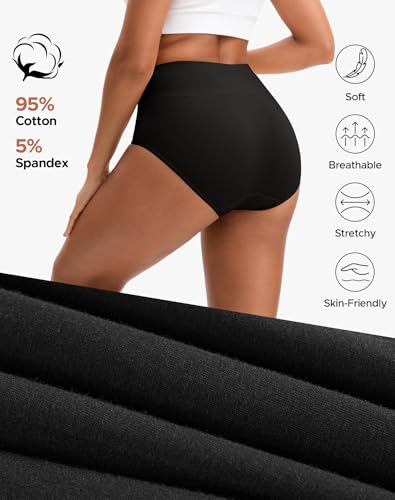 INNERSY Women's High Waisted Underwear Cotton Panties Regular & Plus Size 5-Pack - color: Solid Black, size: X-Large