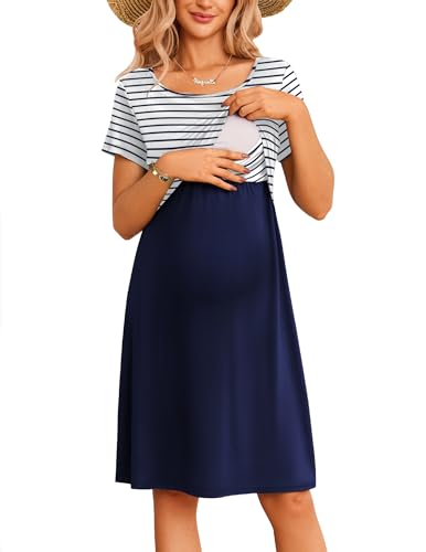 Maternity Summer Dress Breastfeeding Nursing Friendly Pregnancy Dresses - color: Navy-navy Stripe, size: Medium