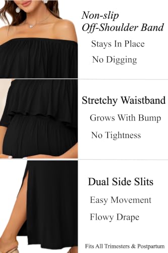 Off Shoulder Ruffle Sleeve Maternity Maxi Dress Side Slit - color: Black, size: Large