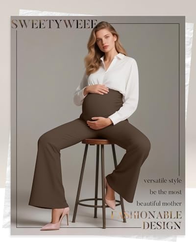 3 Pack Women's Maternity Pants Comfy Flare Trousers - color: Black, Brown, Khaki, size: X-Large