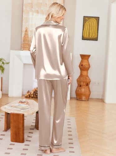 Ekouaer Womens Pajamas Silk Satin Long Sleeve Button Down Pjs Lounge Set - color: Champagne, size: Small