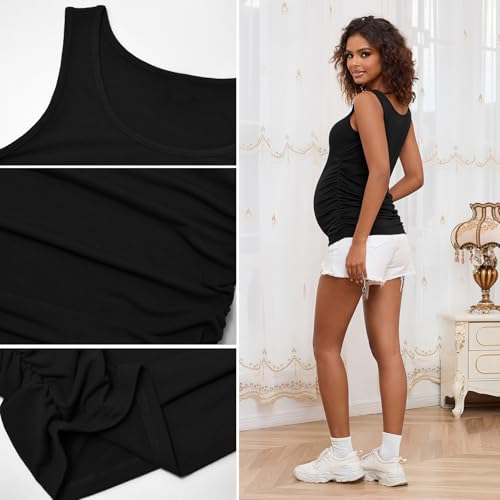 GINKANA Maternity Tank Tops Sleeveless Ruched Basic Tops Maternity Shirt Vest Mama Clothes - color: Balck/White, size: Medium