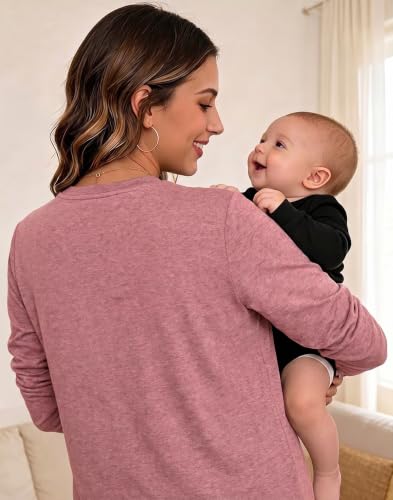 Womens Nursing Breastfeeding Shirt Long Sleeve Hidden Zipper Postpartum Top - color: D-pink, size: Medium