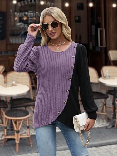 MixShe Womens Knit Sweaters 2026 Fall Winter Casual Long Sleeve Ribbed Colorblock Button Pullover Tops - color: Purple, size: Large