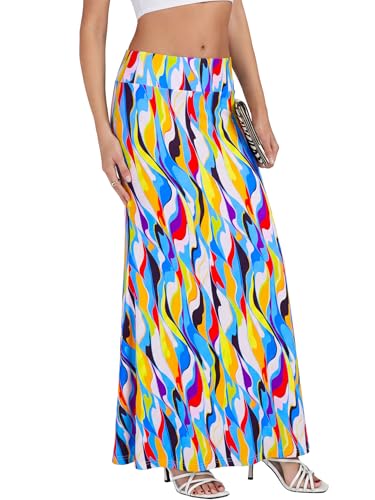 KIFOVEN Women's Foldover High Waist Maxi Skirt - color: Colorful Moire, size: X-Small