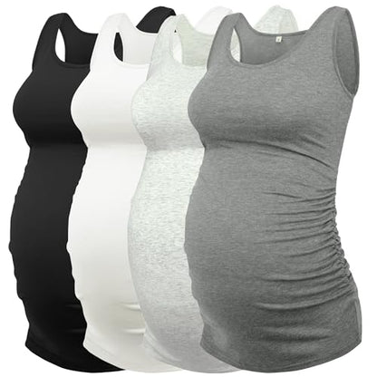 AMPOSH Womens Maternity Tank Tops 3 Pack Cotton Sleeveless Ruched Side Pregnancy Postpartum Shirts Soft Stretch Basic Top - color: Black/White/Gray/Dark Gray, size: XX-Large