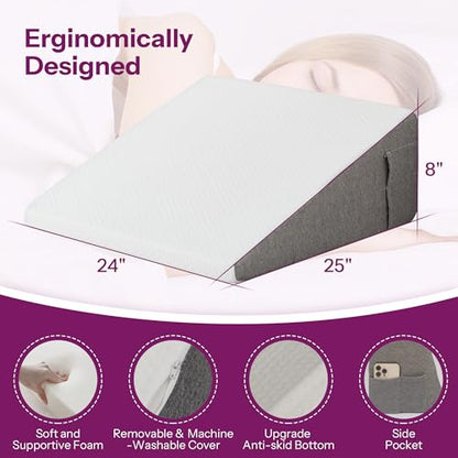 Wedge Pillow with Foam Top for Sleeping,Reading and Rest, 8 Inch Elevated Support Triangle Bed Pillow for Legs and Back Support with Washable Cover - size: 25 x 24 x 8 inches (Pack of 1)