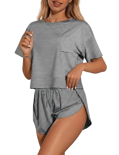 Ekouaer Womens Pajama Sets Sexy Lounge Sets Side Split Short Pj Sets - color: Black and White Stripes, size: Medium
