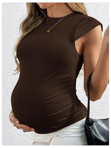 MakeMeChic Women's Maternity Shirts Summer Crew Neck Ruched Sleeveless Fitted Pregnancy Tops - size: Small