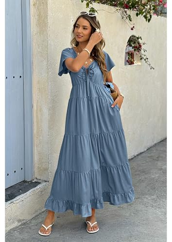 ECOWISH Womens Summer Maxi Dress 2026 Flutter Short Sleeve V Neck Tie Front Wedding Guest Vacation Tiered Flowy Dresses - color: Grey Blue, size: Medium