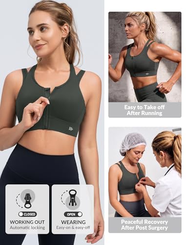 Yvette Front Closure Double Straps Sports Bra Running - color: Dark Green, size: (Large) A/C
