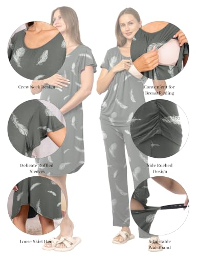 SUNNYBUY 3 PCS Maternity Nursing Sleepwear Set with Nightgown, Top & Pants - color: Grey Feathers, size: X-Large