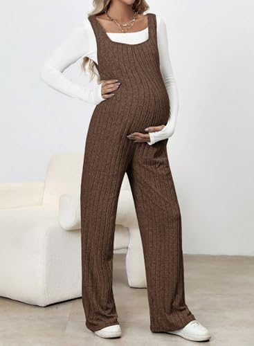 BLENCOT Maternity Jumpsuit Sleeveless Square Neck Wide Leg Pants Romper - color: Brown, size: Medium
