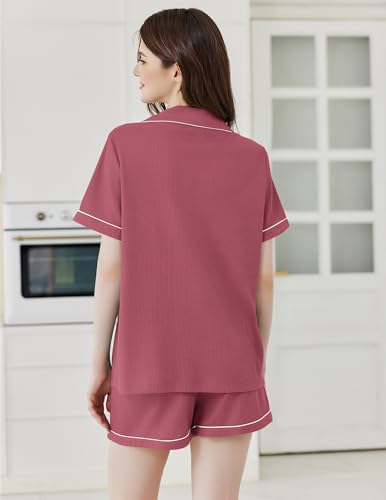 Ekouaer Womens Waffle Knit Pajama Sets Soft Short Sleeve Button Up Pjs - color: Pale Violet Red, size: Small