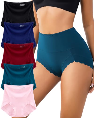High Waisted Seamless Underwear for Women No Show Panties Full Coverage Scalloped Edge Silky Breathable Briefs 5 Pack - color: Multicolor B 5 Pack, size: Large
