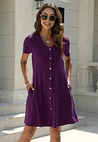 Manydress Women's Button Down Summer Dress Short Sleeve with Pockets - color: Dark Purple, size: Large