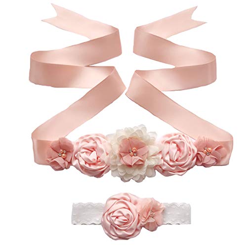 Lauthen.S Maternity Flower Sash Belt Headband Set, Women Girls Wedding Baby Shower Sash - color: Peach