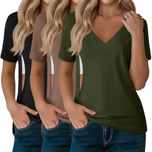 3 Pack Women's Nursing Tops Breastfeeding Shirts - color: Black, Mocha, Army Green, size: Large