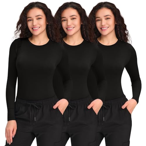 COZYFIT 3 Pack Underscrub Long Sleeve Women, Undershirts, High Crew Neck - color: Black, size: Small