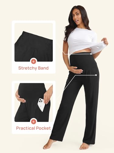 Summer Mae Viscose Maternity Pants Pregnancy Pajama Lounge Pant with Pocket - color: Black/Light Grey, size: Medium