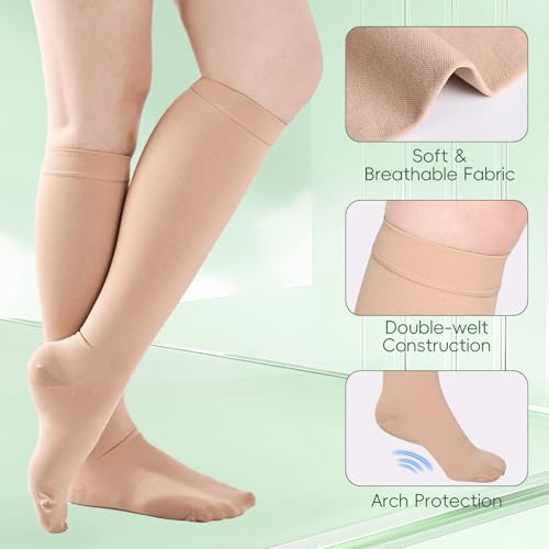 2 Pairs 20-30mmHg Knee High Compression Socks for Women,Closed Toe - color: Beige, size: Large