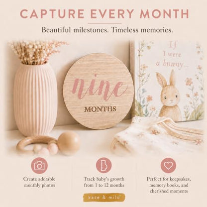Kate & Milo Wooden Baby Monthly Milestone Discs, Pink Script Design - color: Pink Text Circle