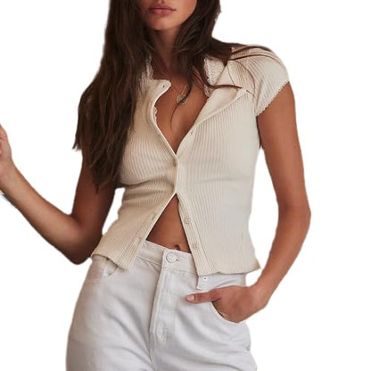 Womens Short Sleeve Cardigan Fitted Button Down Shirts Y2k Going Out Tops - color: White, size: X-Small