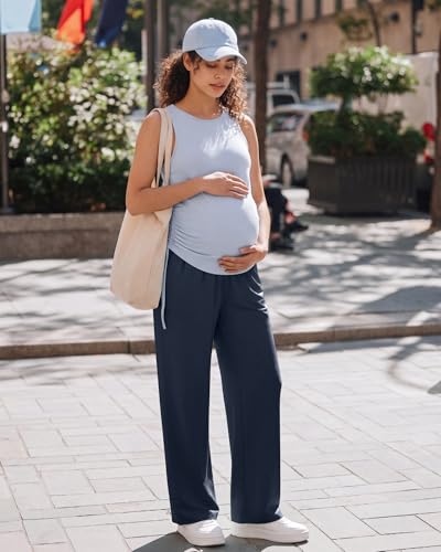 G4Free Chillwhisp Maternity Pants Lightweight with Adjustable Waisted Pregnancy Wide Leg Trousers Summer - color: Dark Navy, size: Medium
