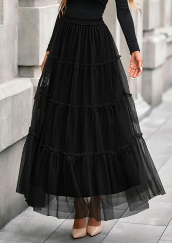 PRETTYGARDEN Women's Fall Soft Tulle Tiered Long Skirt - color: Black, size: Large