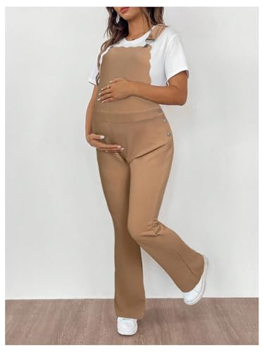 OYOANGLE Women's Maternity Side Button Jumpsuit Sleeveless Overalls - color: Khaki, size: X-Small