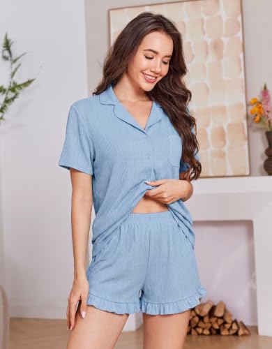 Ekouaer Women's Pajamas Sets Button Down Pjs Short Sleeve Ruffle Sleepwear - color: Light Blue, size: Medium