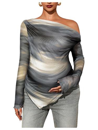 RoseSeek Women's Maternity Off The Shoulder Asymmetrical Tops Mesh Shirts - color: Grey, size: Small
