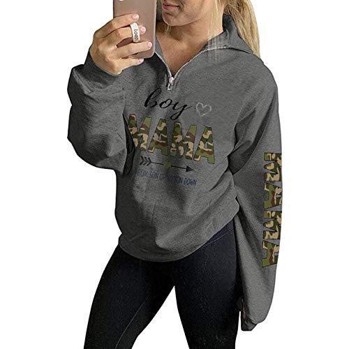 Women Mama Life Zip Up Sweatshirt Jacket High Collar Quarter 1/4 Zip Coat - color: Grey 3, size: Medium