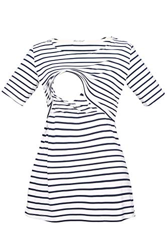 Bearsland Women's 3 Packs Maternity Nursing Tops Short Sleeve Breastfeeding Shirts - color: Black+grayblue+blackwhite Stripe(3pcs), size: Medium