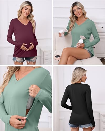 Huukeay 3 Pack Maternity Nursing Tops Breastfeeding Shirts - color: Black, Gray Green, Burgundy, size: Large