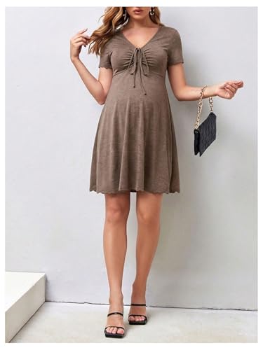 OYOANGLE Women's Maternity Tie Front V Neck Short Dresses - color: Khaki, size: XX-Large