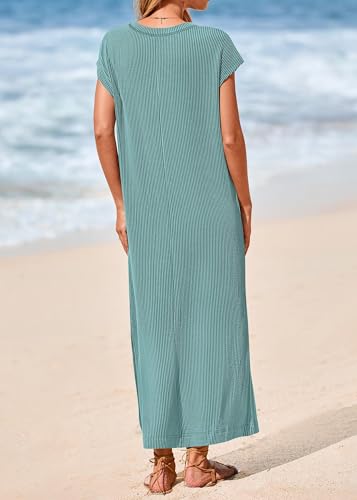 KIRUNDO Womens Summer Ribbed Knit Short Sleeve Maxi Dress - color: Bean Green, size: Medium