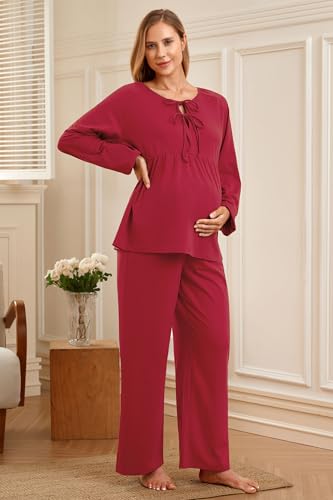 OUGES Womens Cotton Blend Maternity Pajama Sets Tie Front Loungewear Pregnancy Sleepwear Top & Long Pants with Pockets - color: Red, size: Medium