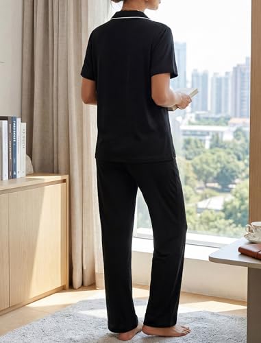 Womens Pajamas Sets 2 Piece Button Up Pj Sets Short Sleeve with Long Pant - color: Black, size: Small