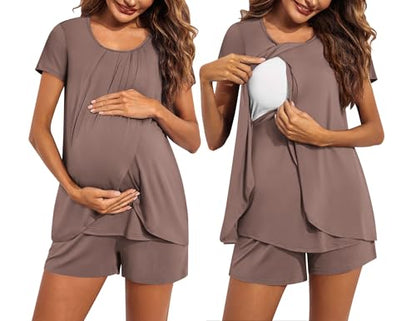 Ekouaer Women's Maternity Nursing Pajamas Set Breastfeeding Sleepwear Pjs - color: Brown, size: Large