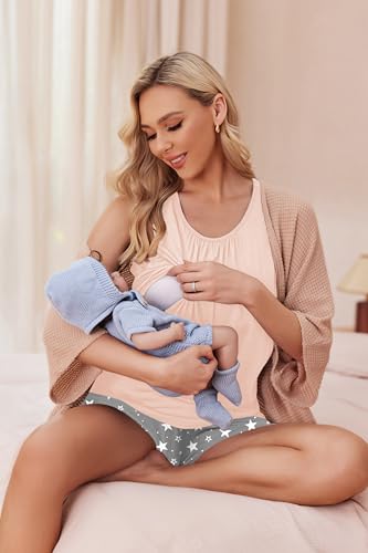 Ekouaer Nursing Pajamas Set Postpartum Tank Tops and Shorts - color: Pink-grey Star, size: Medium