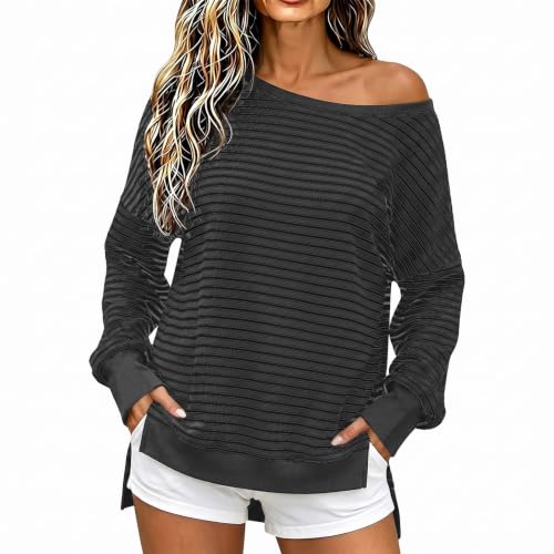 Fall Tops for Women 2026 off Shoulder Striped Top Long Sleeve Pullover Tops - color: Khaki, size: Large