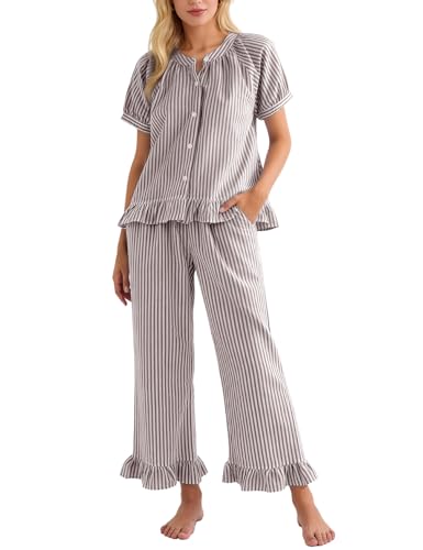 Flygo Womens Striped Pajama Sets Cotton 2 Piece Ruffle Lounge Pjs - color: Coffee, size: Medium
