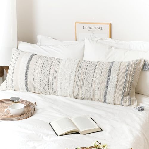BlissBlush 20X54 Oversized Large Lumbar Pillow Cover for Bed, Rectangular Long Decorative Throw Pillowcase, Cotton Boho Accent Cushion with Gray Tufted Pattern and Tassels, Cream Neutral (Cover Only) - color: Gray, size: 54" x 20" (Pack of 1)