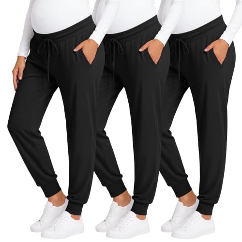 3 Pack Women Maternity Pants Pregnancy Lounge Jogger - color: Black, Black, Black, size: Medium