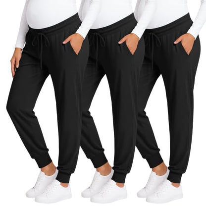 3 Pack Women Maternity Pants Pregnancy Lounge Jogger - color: Black, Black, Black, size: Medium
